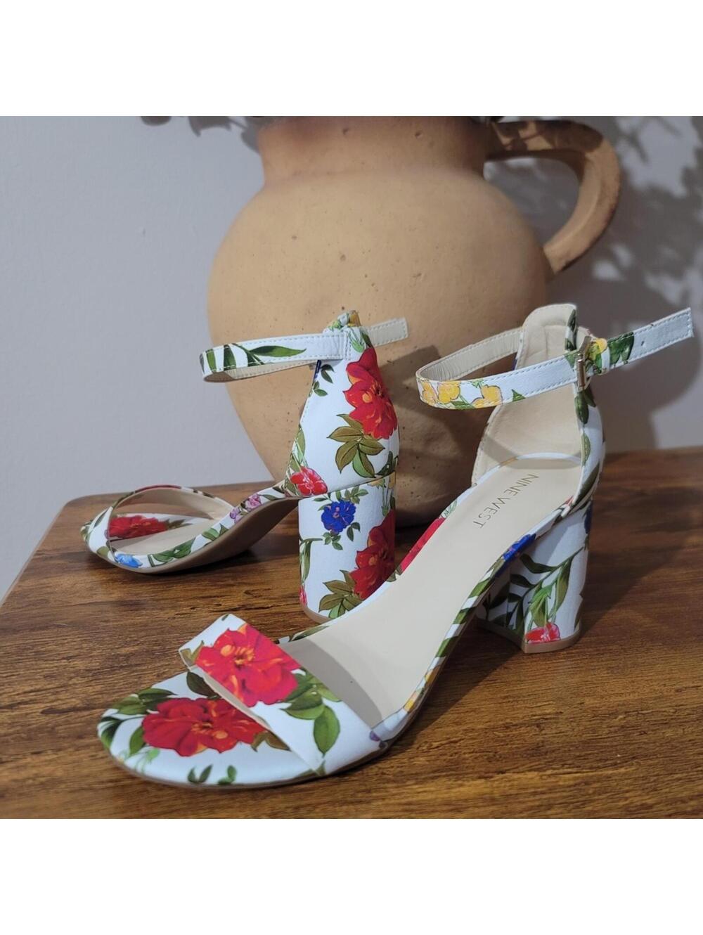 Garden Party Strap Block Heel Sandals White Floral New 8.5
